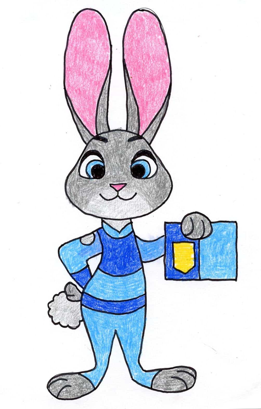 Finished Judy Hopps drawing colored with pencil crayons from our how to draw Judy Hopps lesson.