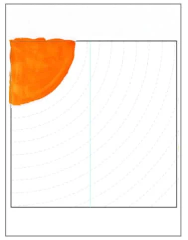 A quarter-circle shape painted with the first color in an Alma Woodsey Thomas art lesson.
