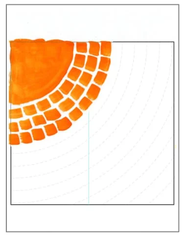 Rows of dashed lines painted with the first color following a general guide in an Alma Woodsey Thomas art project.
