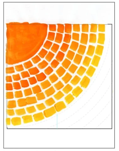 More rows of dashed lines painted with a mix of the first and second colors in an Alma Woodsey Thomas art lesson.