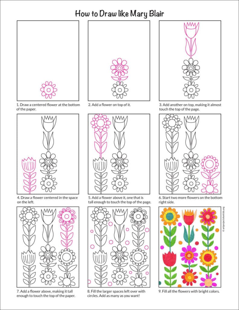 A step by step tutorial for how to draw like Mary Blair, available as a printable.