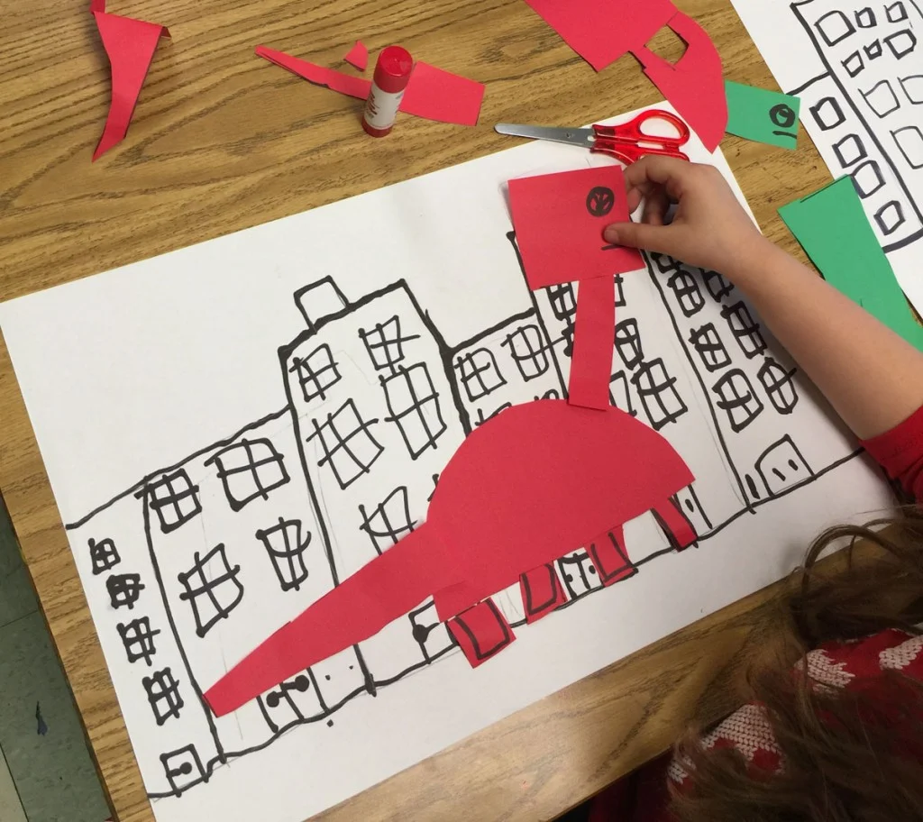 An easy dinosaur art project collage and drawing, made with the help of a step by step tutorial