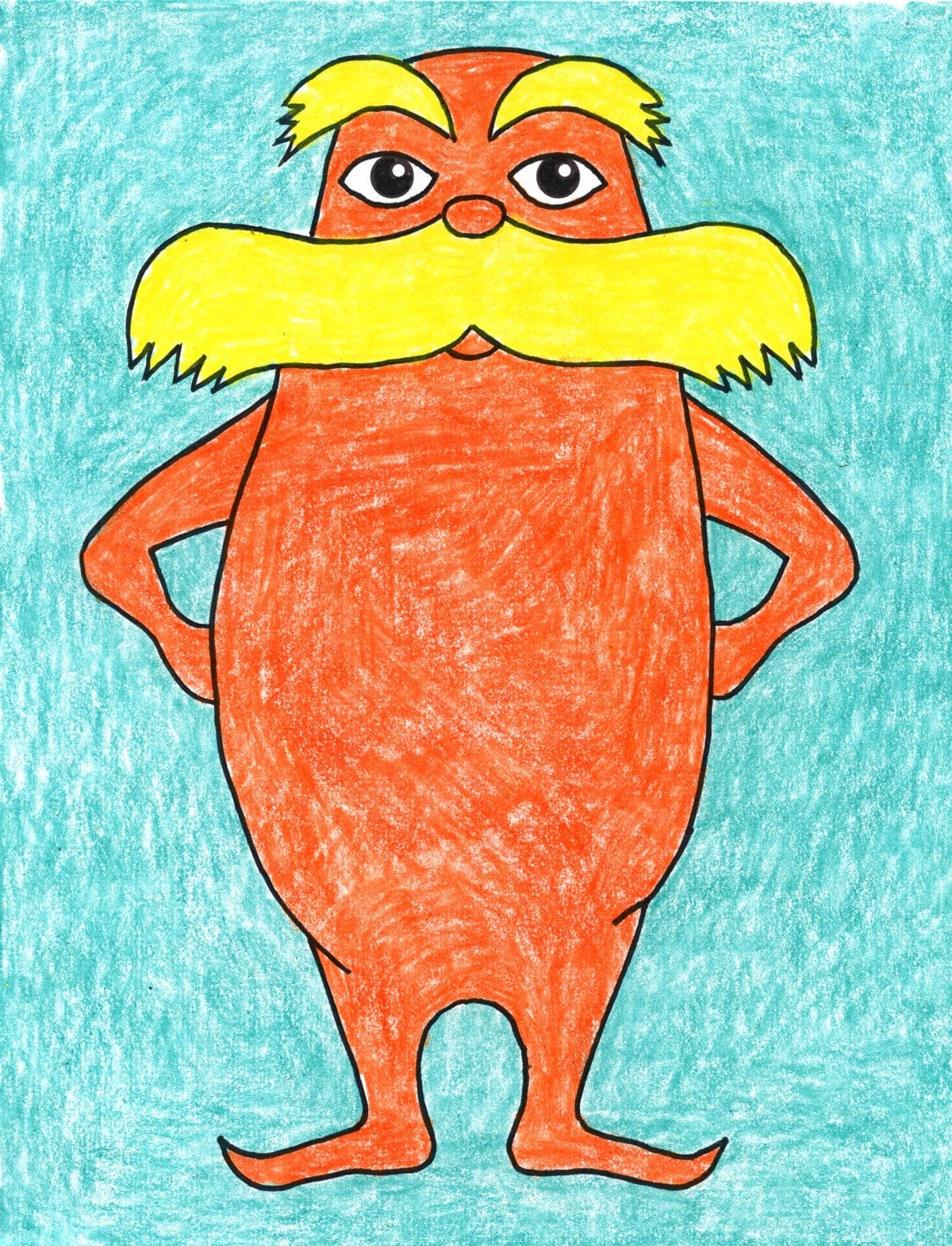 A Lorax drawing, made with the help of a step by step tutorial.