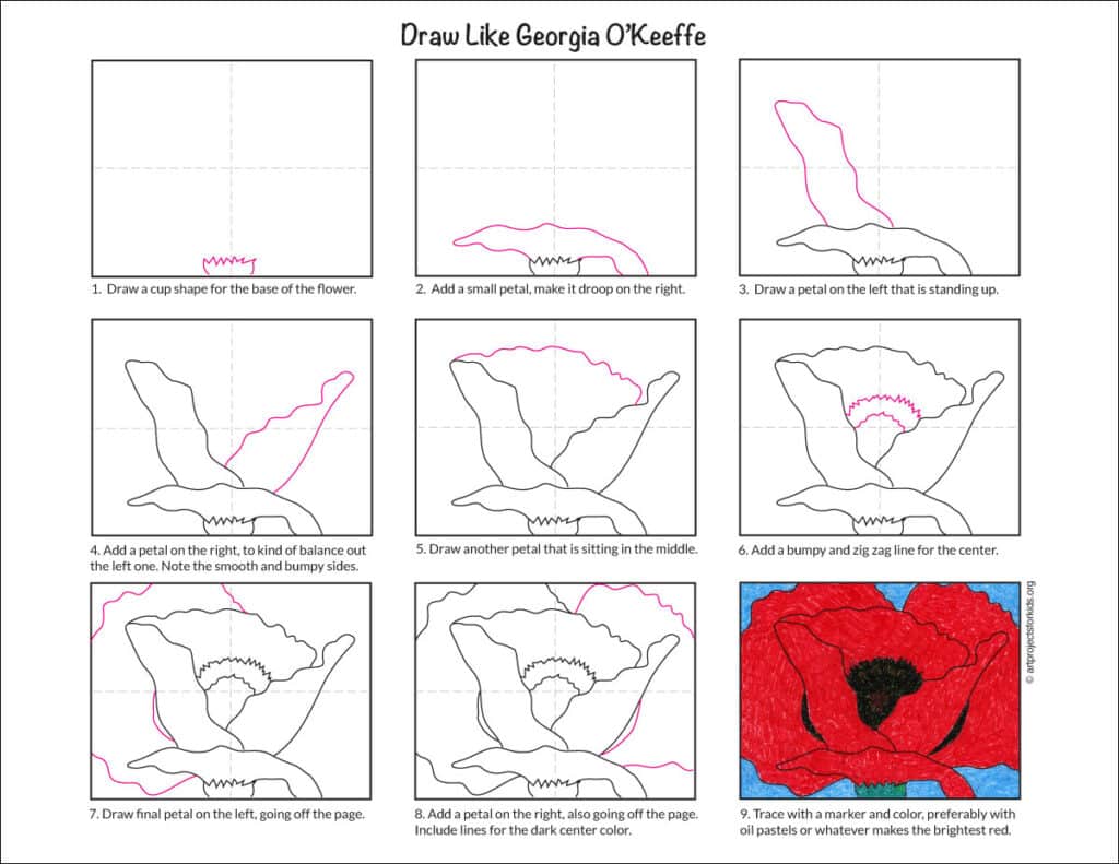 A preview of a step by step tutorial for learning how to draw like Georgia O’Keeffe, available as a printable.