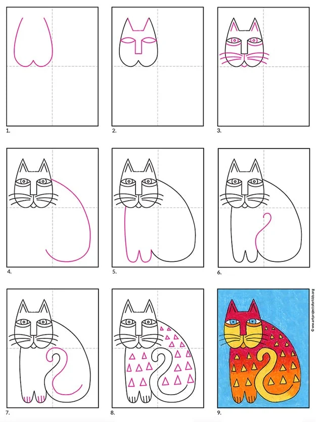 A step by step tutorial for a Laurel Burch cats art lesson, also available as a printable.