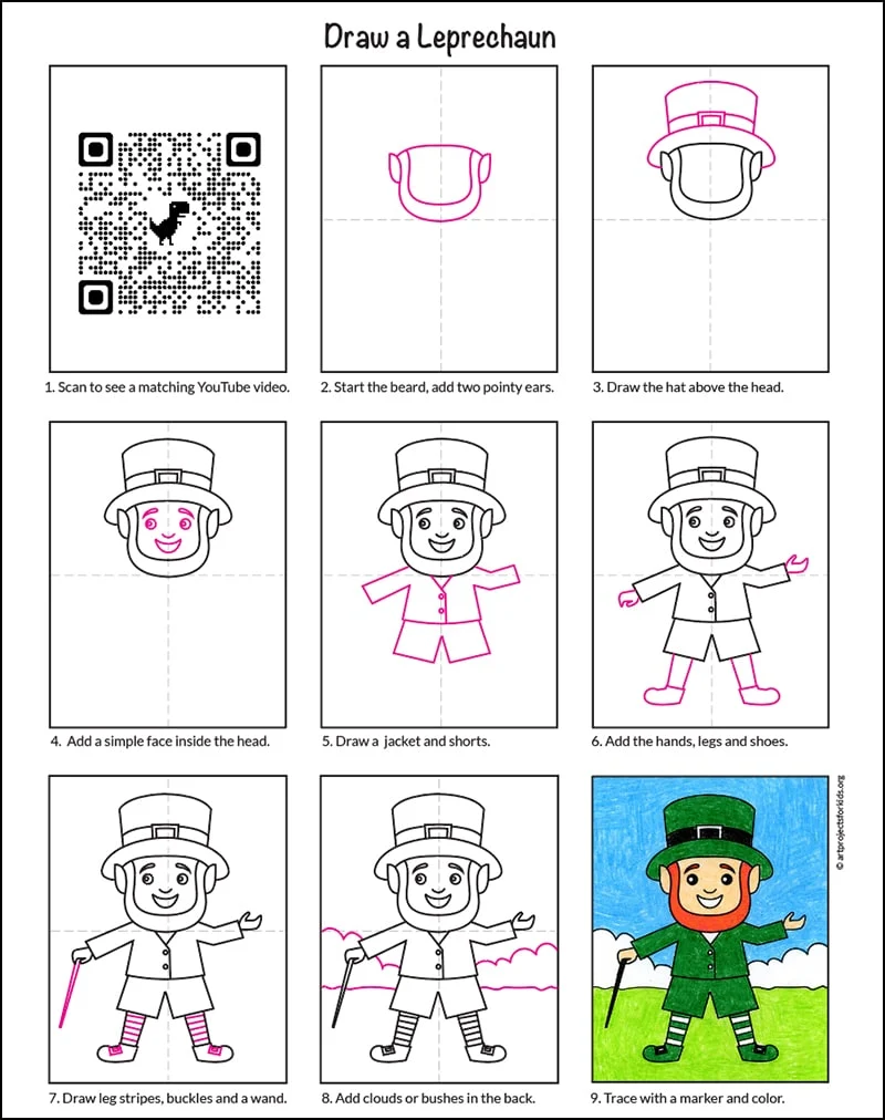A step by step tutorial for how to draw an easy Leprechaun, also available as a printable.