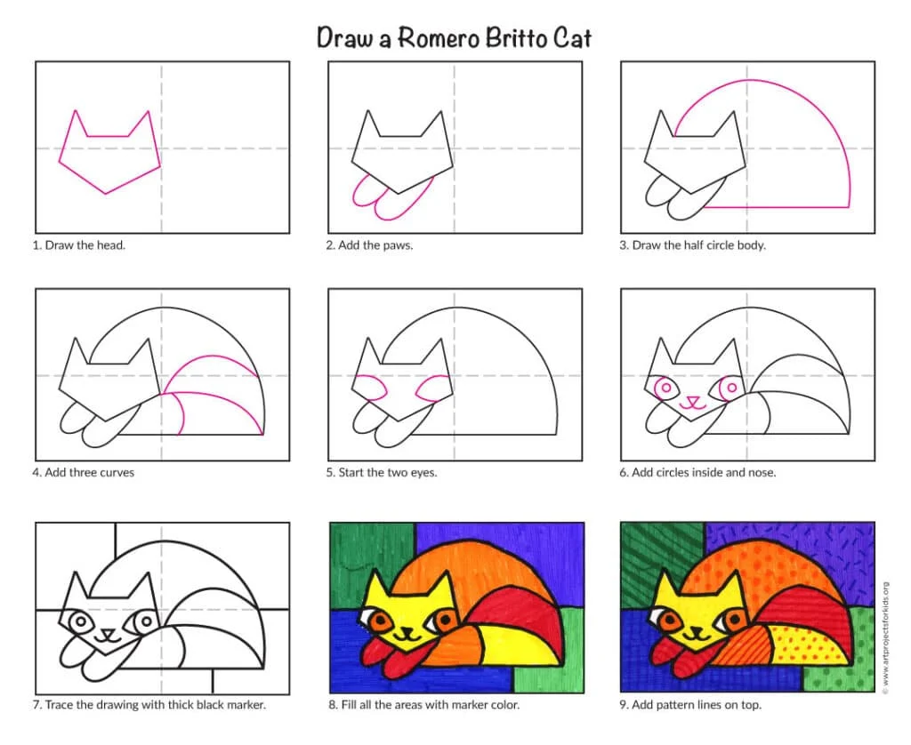 A step by step tutorial for how to draw an easy Romero Britto cat, also available as a printable.