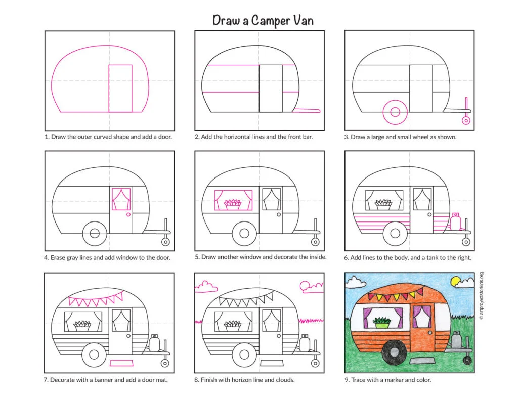 Preview of the van drawing step-by-step tutorial showing how to draw a camper van for kids.