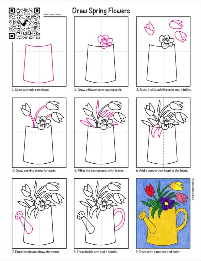 A step by step tutorial for how to draw easy spring flowers, also available as a tutorial.