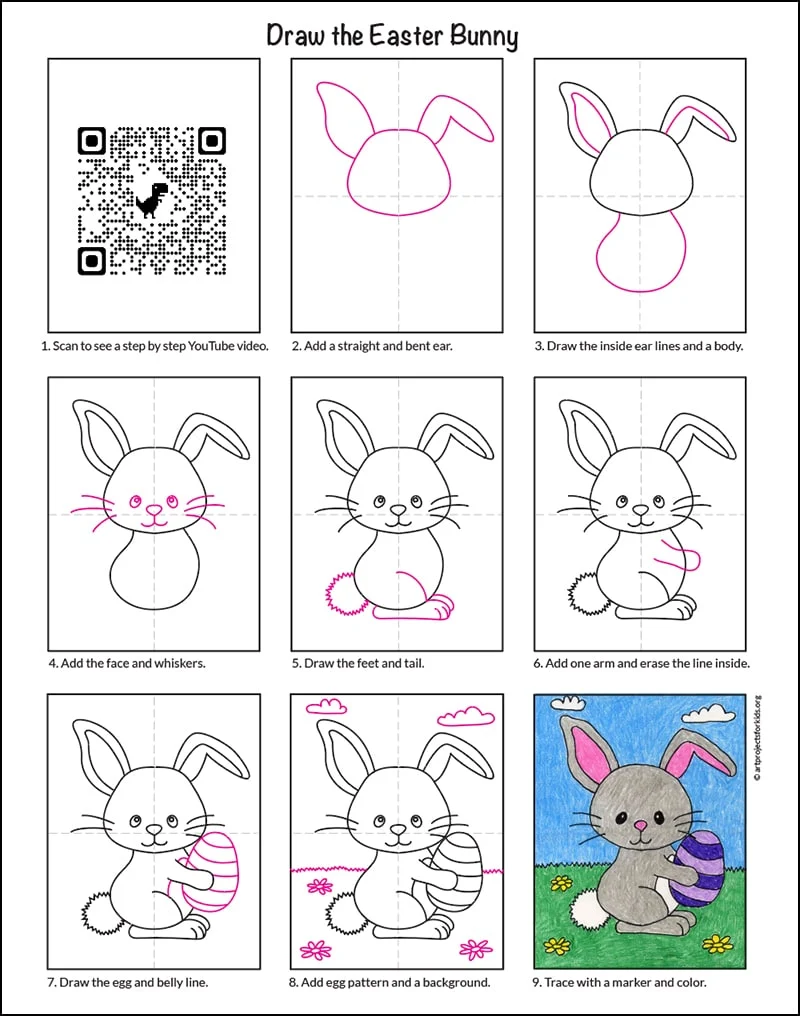 A step by step tutorial for how to draw an easy Easter Bunny, also available as a printable.