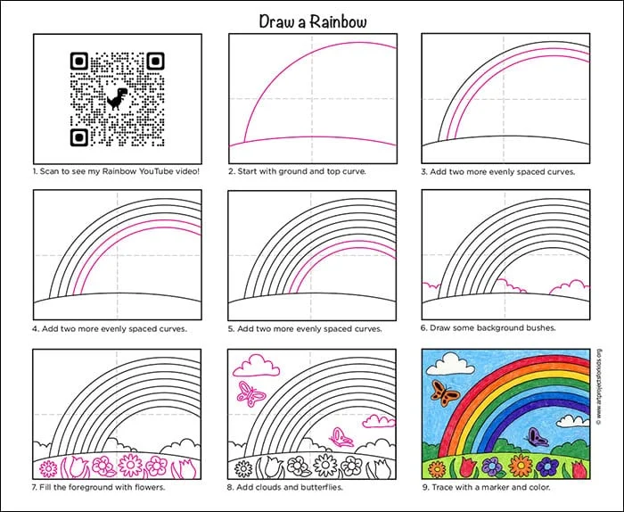 A step by step tutorial for how to draw an easy rainbow, also available as a free tutorial.