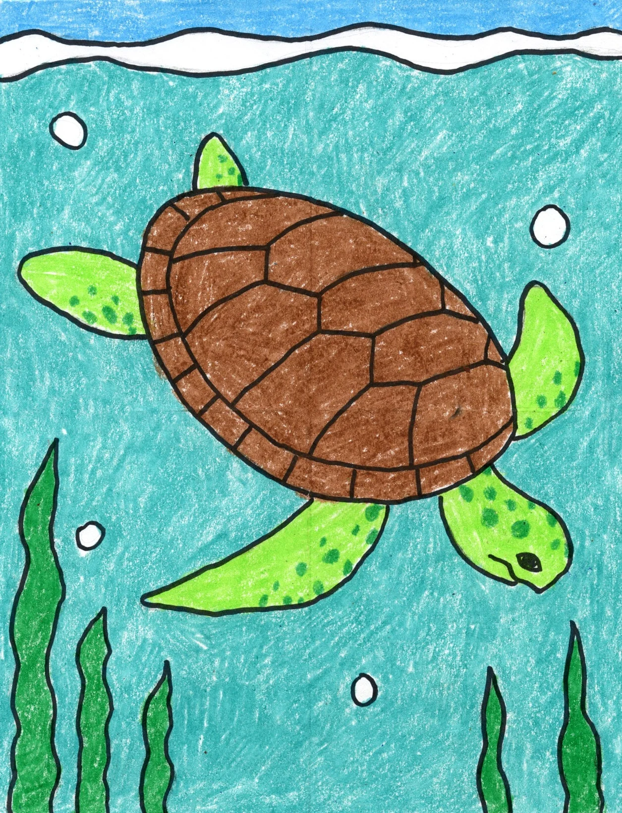 A drawing of a sea turtle, made with the help of a step by step tutorial.