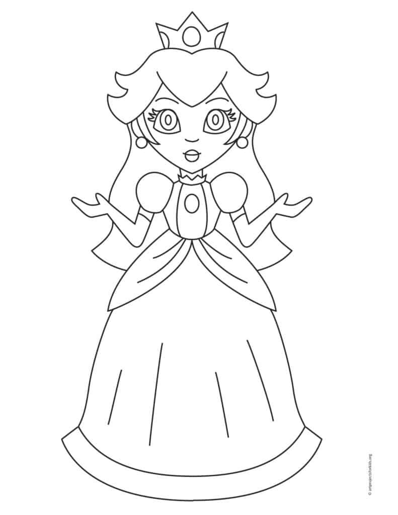Princess Peach drawing coloring page printable for grades 3–5.