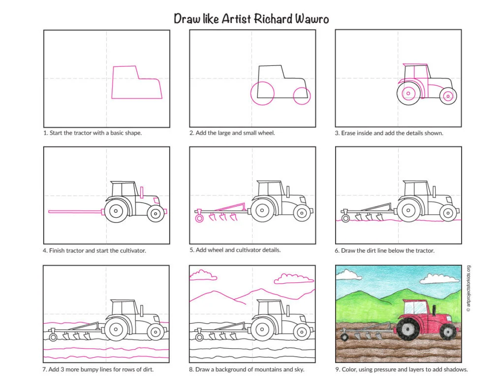 Preview of the Richard Wawro art lesson step-by-step instructions for drawing a tractor and cultivator.
