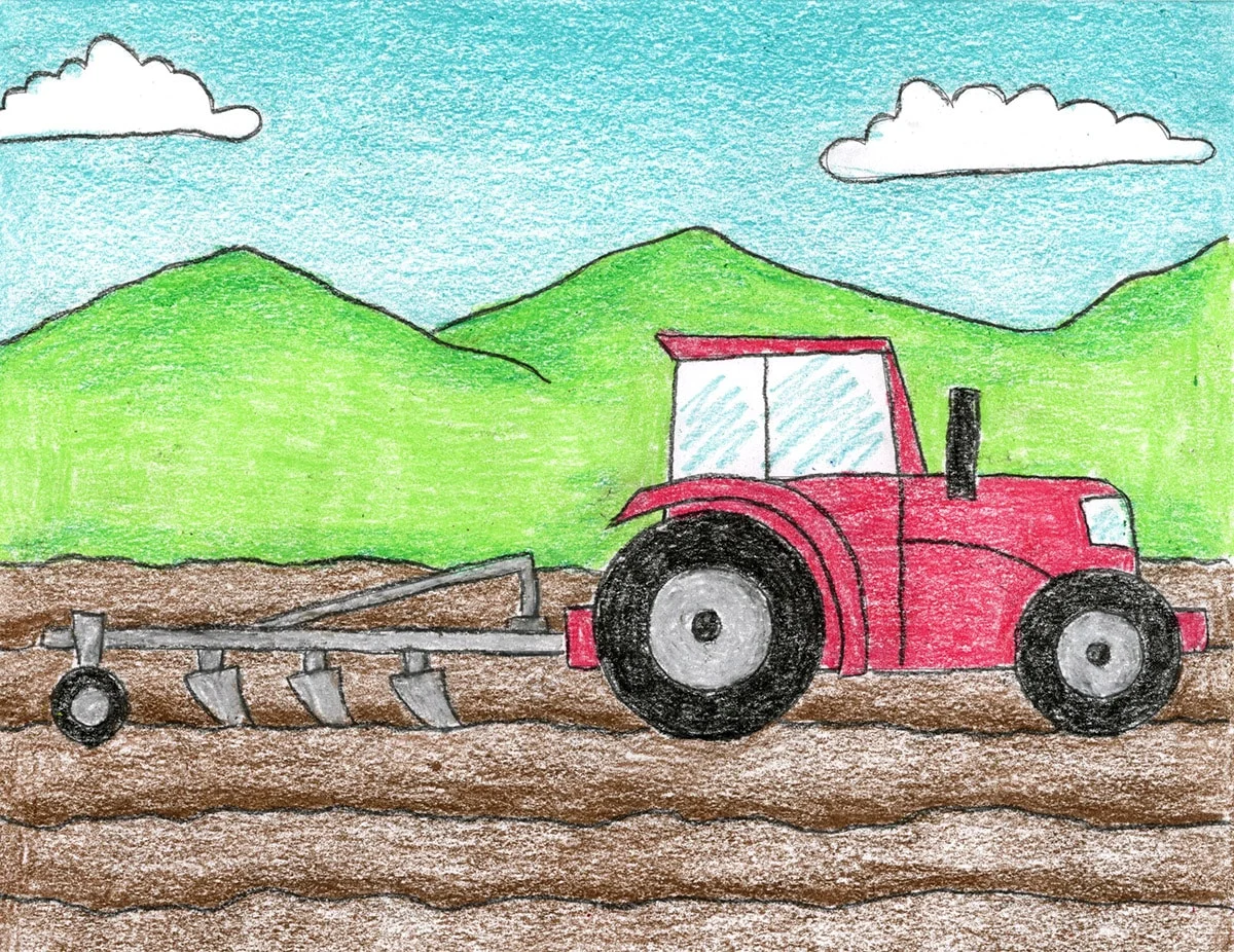 Finished student-style drawing from a Richard Wawro art lesson featuring a detailed tractor and shading.