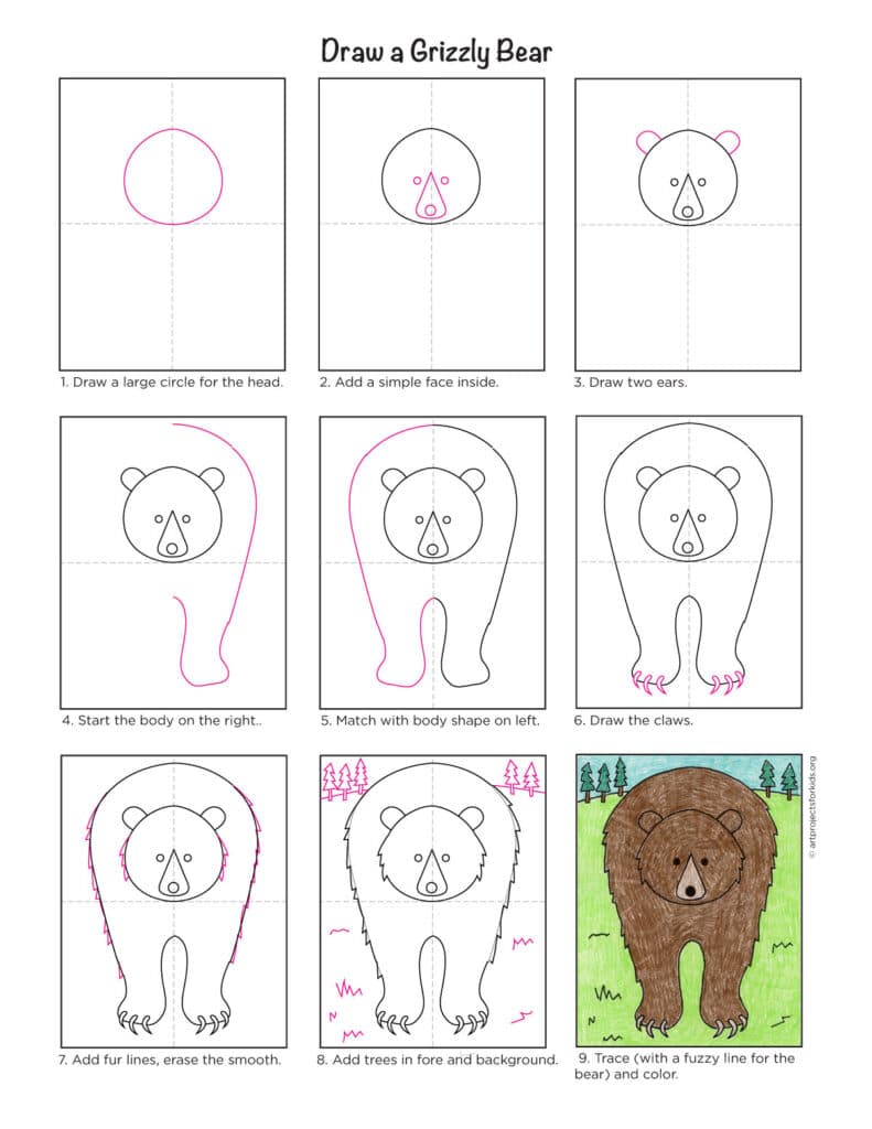 Preview of draw a grizzly bear step-by-step directions for young artists.