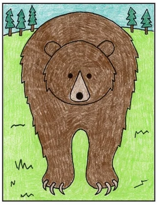 Draw a grizzly bear step 9 showing the traced and colored final artwork.