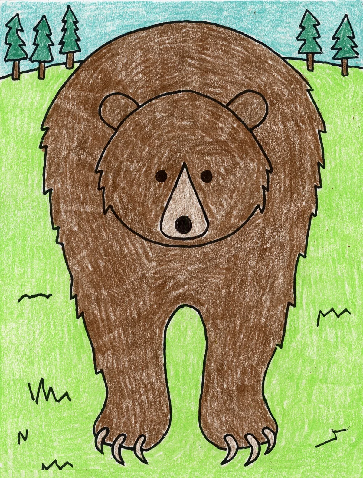 Finished draw a grizzly bear lesson showing a large bear with fuzzy fur and simple background.