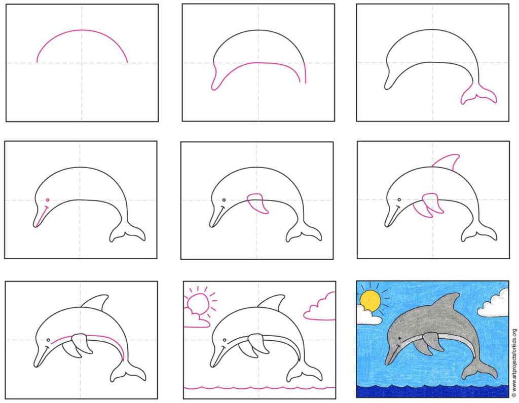 A step by step tutorial for how to draw an easy dolphin, also available as a printable.
