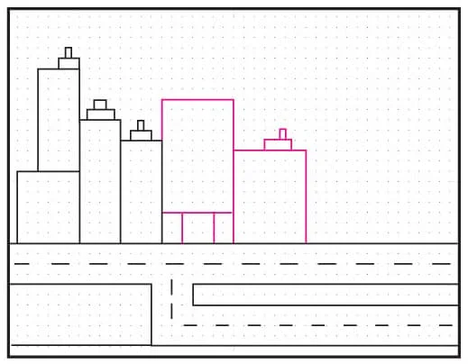 Step 4 add more buildings to draw like artist Stephen Wiltshire cityscape on dot grid.