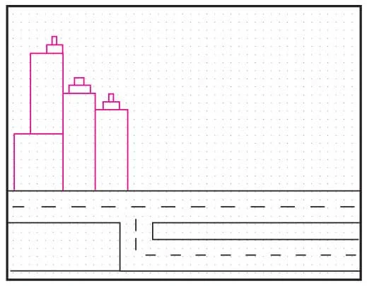 Step 3 start buildings with straight lines on dot grid to draw like artist Stephen Wiltshire.