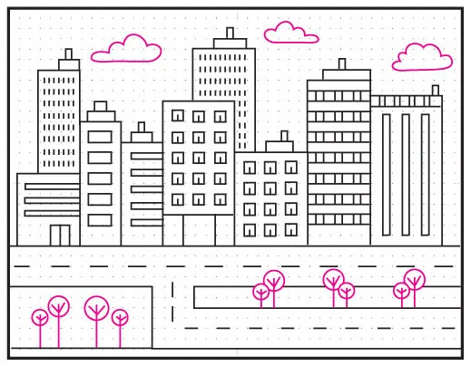 Step 8 add trees and landscaping details to draw like artist Stephen Wiltshire cityscape.