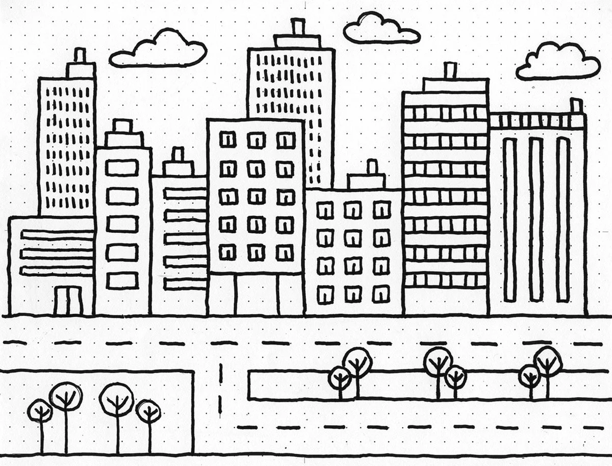 Finished cityscape example to draw like artist Stephen Wiltshire using a dot grid template.