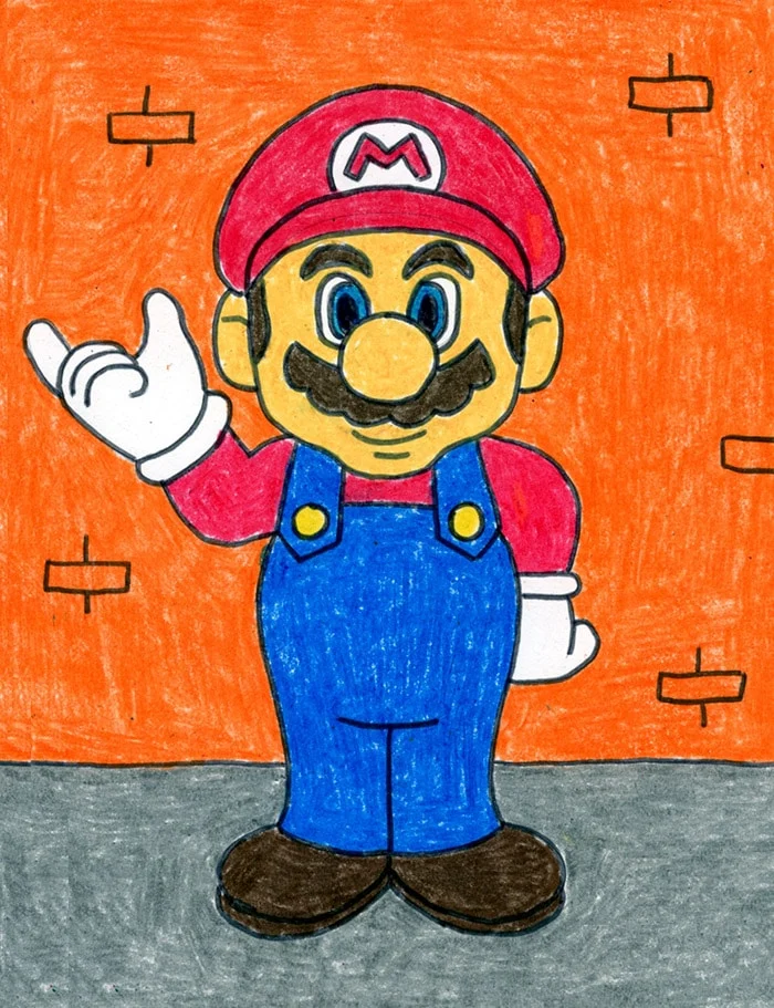 A drawing of Mario, made with the help of an easy step by step tutorial.