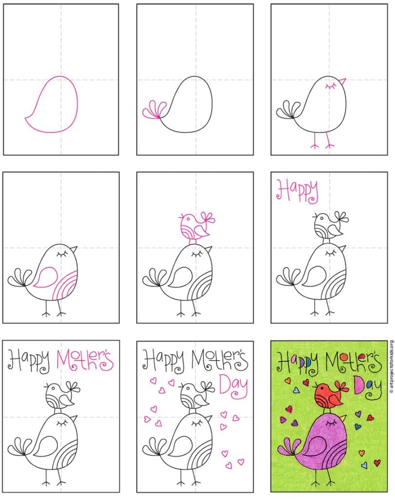 A step by step tutorial for how to draw an easy DIY Mother's Day Card, also available as a printable.