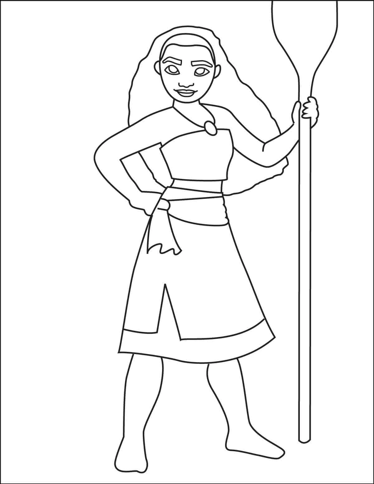 Printable Moana coloring page from a drawing tutorial.