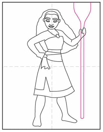 Step 8 of drawing Moana,  adding the paddle.