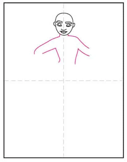 Step 3 of drawing Moana, starting her arms and torso. 