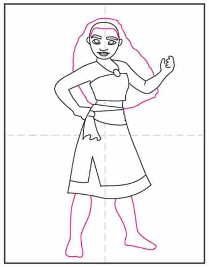 Step 7 of drawing Moana,  adding her legs and hair.