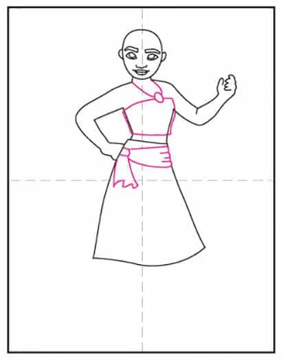 Step 6 of drawing Moana,  adding her top and sash.