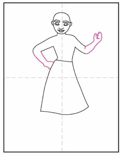 Step 5 of drawing Moana,  finishing her arms.